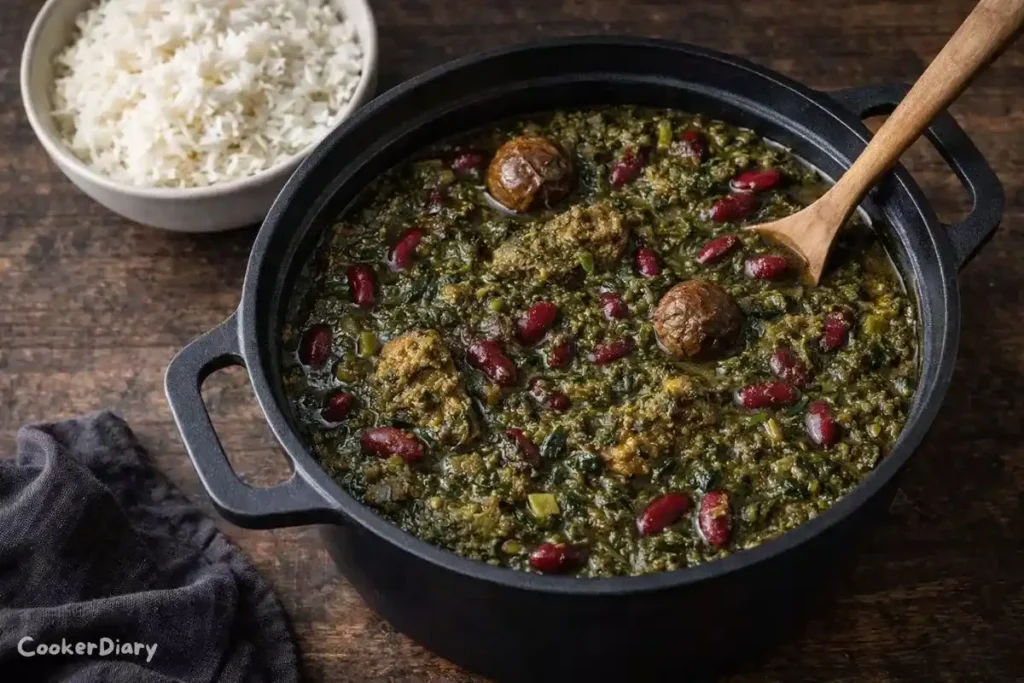 Top-down view of Ghormeh Sabzi stew with beef, kidney beans, and herbs in a black pot with rice