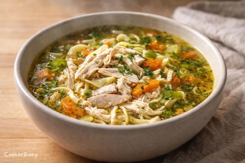 Close-up angled view of Instant Pot chicken noodle soup showing depth and texture.