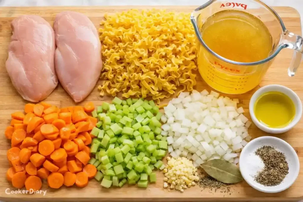Flat-lay of raw ingredients for chicken noodle soup including chicken, egg noodles, vegetables, and spices.