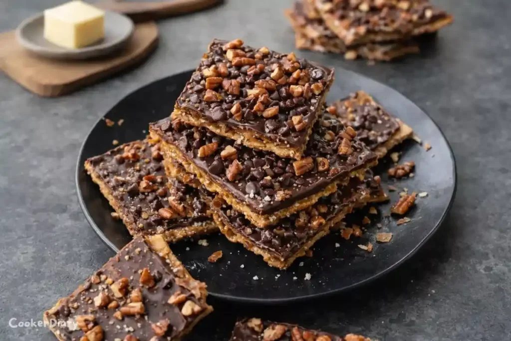 Top-down view of homemade matzo crack with melted chocolate and toffee on parchment-lined baking sheet.