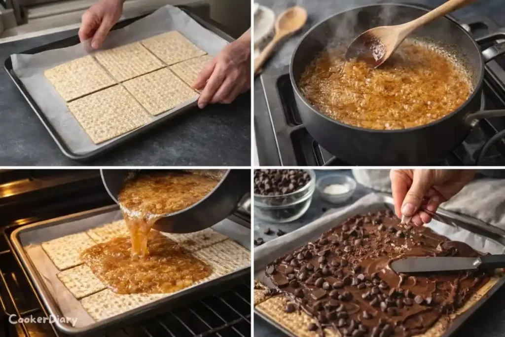 Four-step composite image showing matzo crack preparation: preheating, caramel, baking, and chocolate topping.