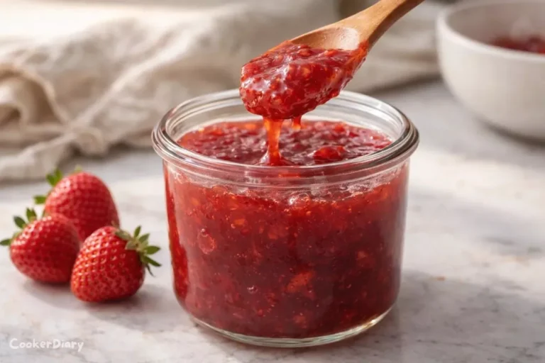 Angled close-up of strawberry jam in a jar with spoon and fresh strawberries