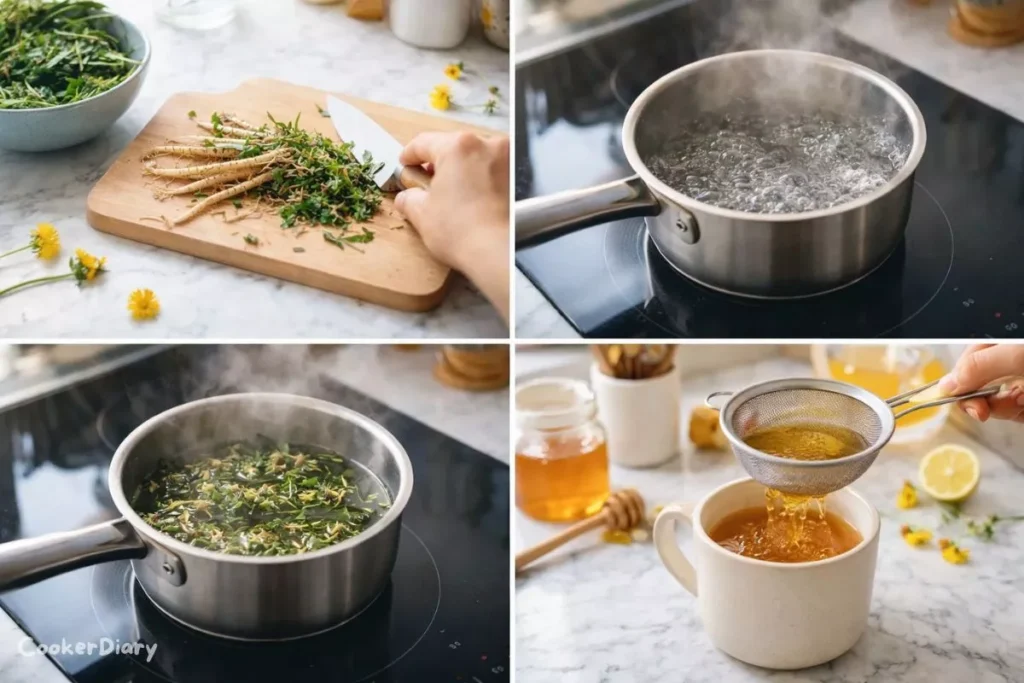 Four step collage showing preparation, boiling water, simmering herbs, and straining dandelion tea.