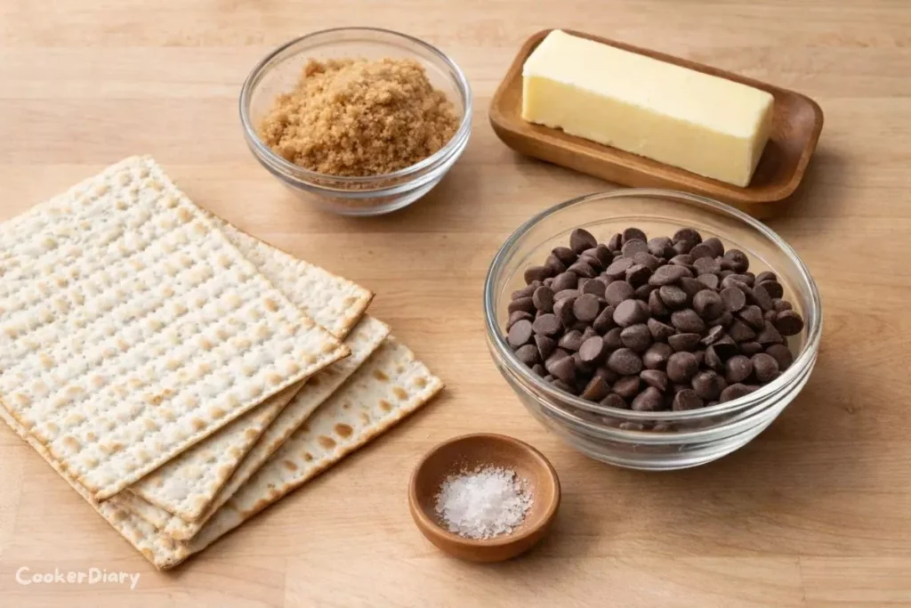 Flat-lay of raw ingredients for matzo crack: matzo sheets, butter, brown sugar, chocolate chips, and sea salt
