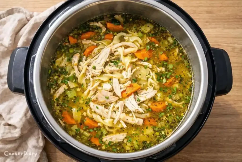 Top-down view of Instant Pot chicken noodle soup with shredded chicken, egg noodles, carrots, celery, and parsley.
