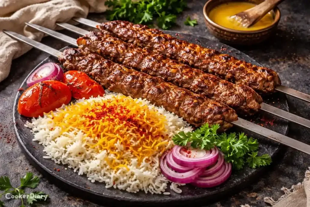 Top-down Iranian Koobideh kebab with saffron rice and grilled tomatoes