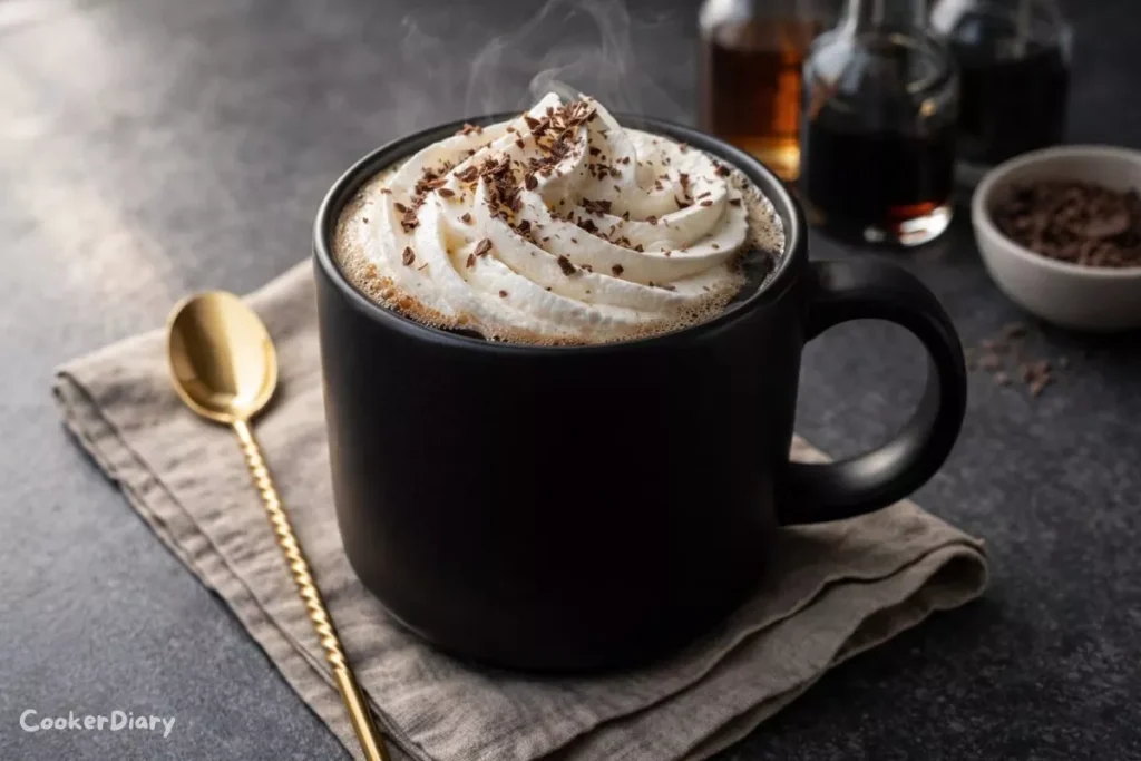 Top-down view of a Keoke coffee drink with whipped cream and chocolate shavings in a black mug on a stone kitchen counter.