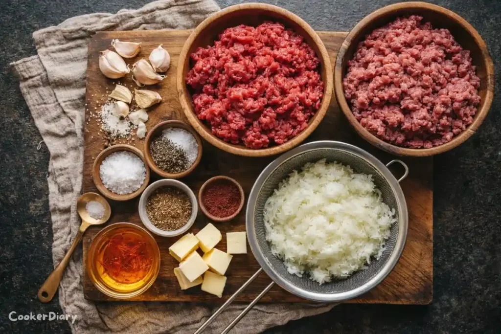 Raw ingredients for koobideh kebab arranged neatly on a kitchen surface