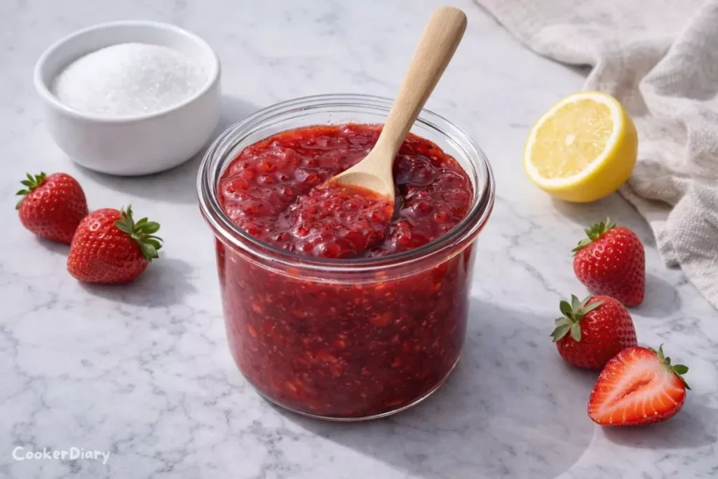 Top-down view of homemade strawberry jam in a glass jar with fresh strawberries and ingredients on a marble surface