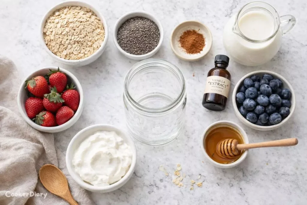 Raw ingredients for overnight oats including oats, almond milk, yogurt, chia seeds, berries and honey