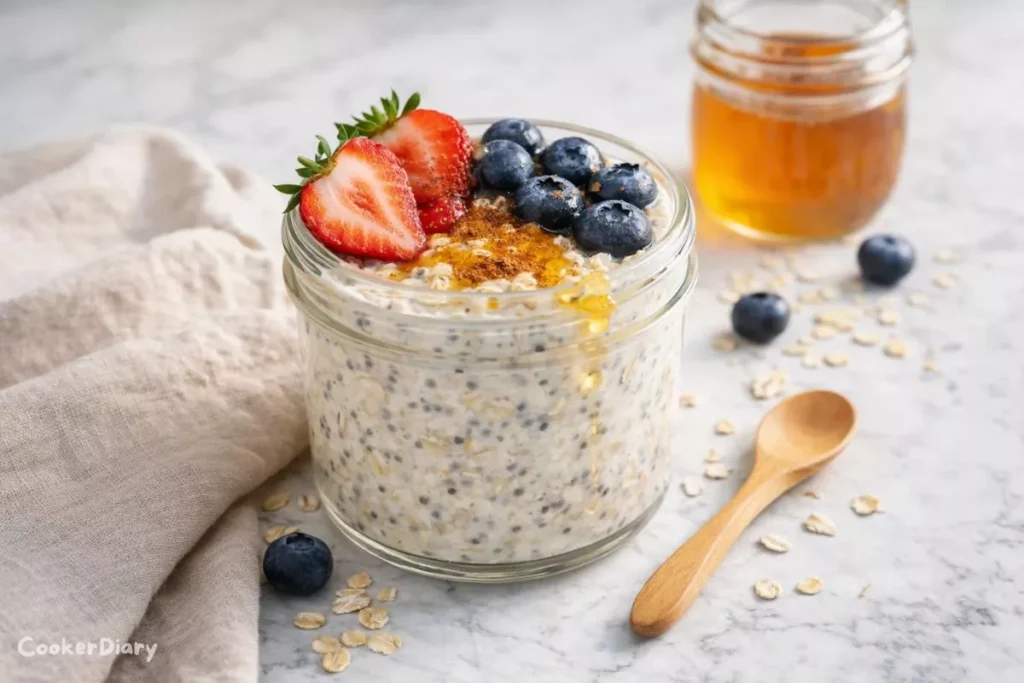 Best overnight oats in mason jar topped with strawberries, blueberries, and honey on marble countertop