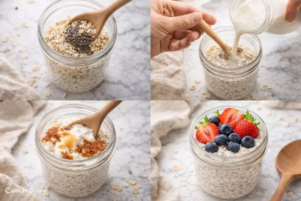 Four step visual guide showing how to make overnight oats from mixing ingredients to finished jar