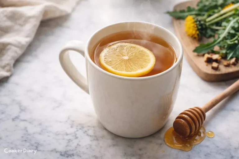 Angled close-up of a steaming mug of dandelion tea with lemon and honey.