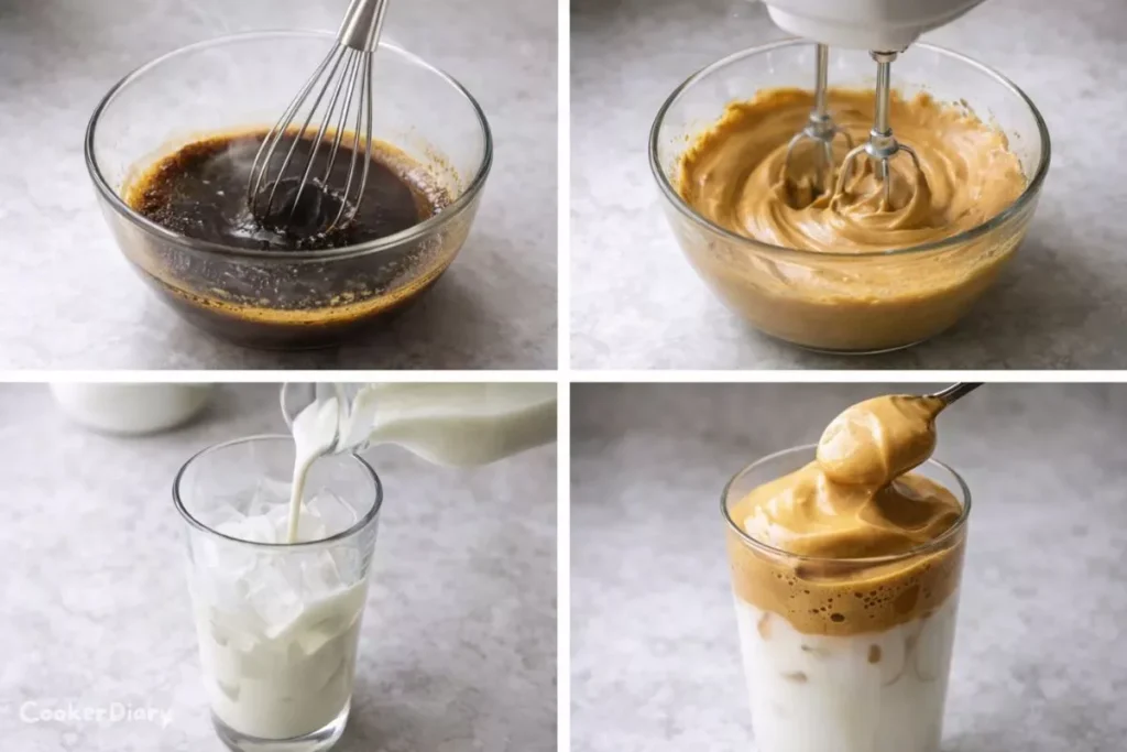 Four-step visual guide showing how to make whipped coffee from mixing to serving.