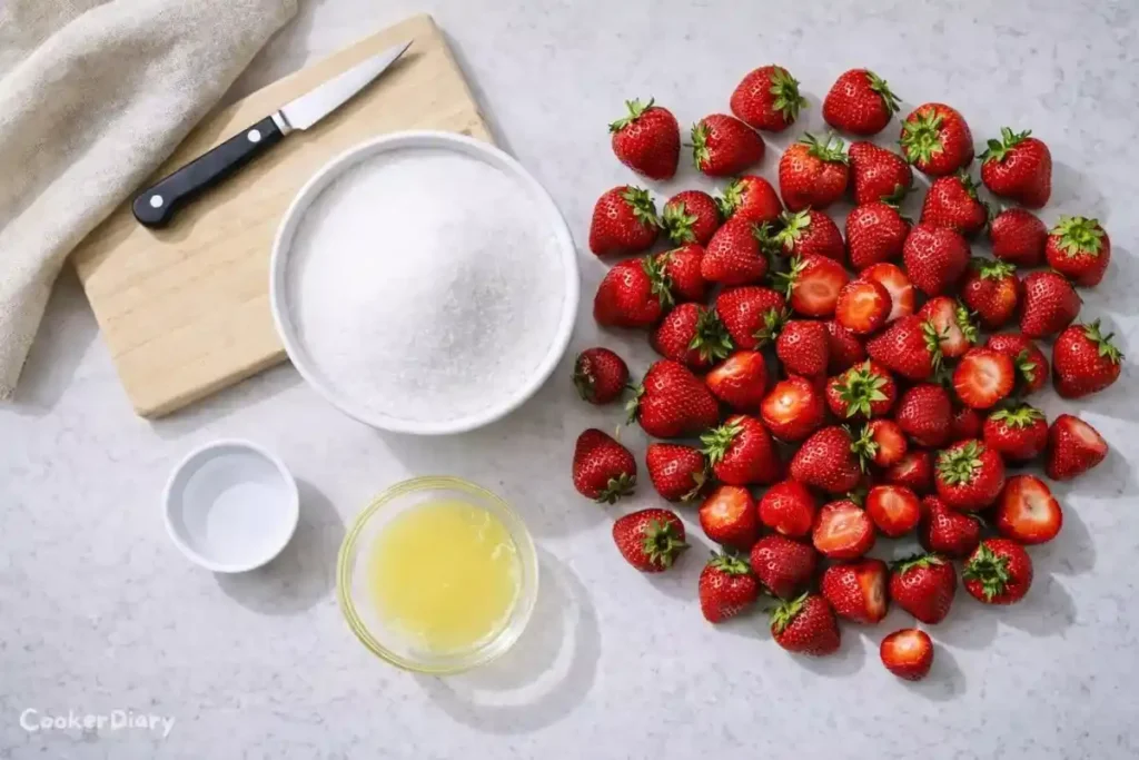 Flat lay of strawberries, sugar, lemon juice, and water for making strawberry jam