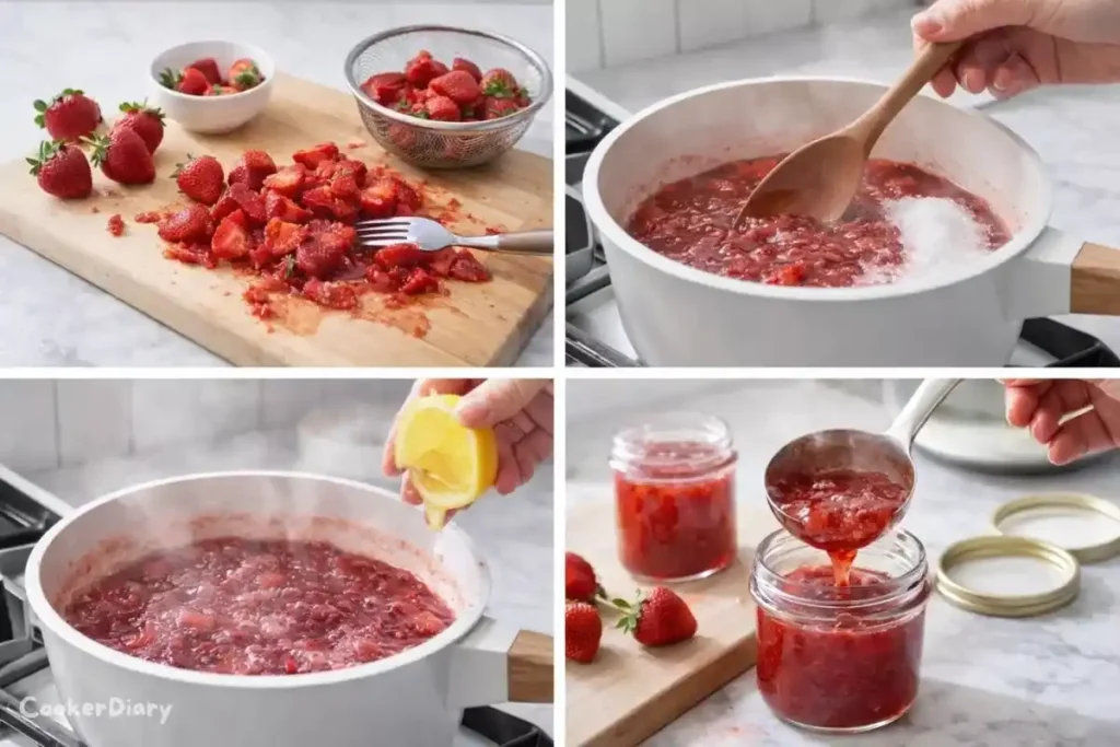 Four-step process of making strawberry jam from preparation to jarring