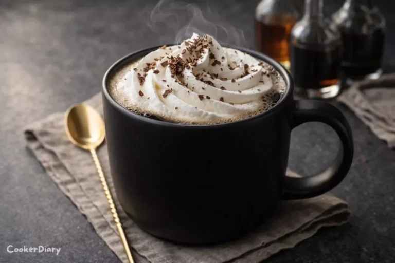 Angled close-up of a Keoke coffee cocktail with whipped cream and chocolate topping.
