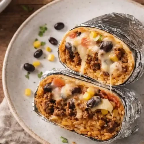 Ground beef burrito recipe cut in half showing filling