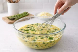 Combining egg mixture with vegetables and cheese in a bowl