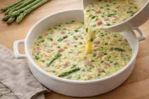 Pouring the quiche mixture into a ceramic baking dish on a wooden counter