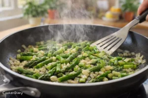 Sautéing chopped asparagus and onions in a nonstick pan on a stovetop