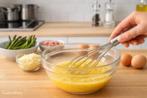 Mixing eggs in a glass bowl with a whisk on a light wooden kitchen counter