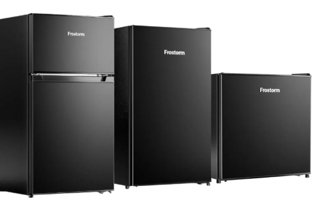 Three Frostorm smart mini fridge models side by side with doors closed, comparing the 1.6 cu ft, 3.2 cu ft single door, and 3.2 cu ft double door sizes