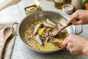 Sardines and lemon added to skillet