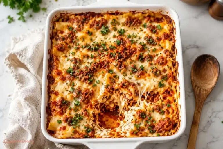 Cheesy dumpling lasagna baked in casserole dish
