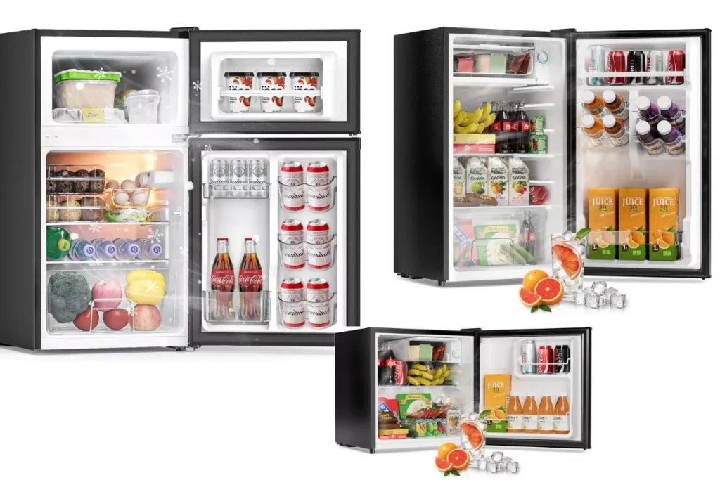 Frostorm 1.6, 3.2 single door, and 3.2 double door smart mini fridges shown side by side with doors open comparing freezer and shelf layout