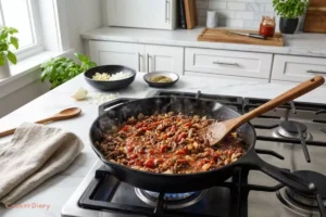 Cooking beef and marinara sauce for dumpling lasagna