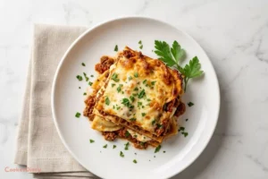 Serving dumpling lasagna with parsley garnish
