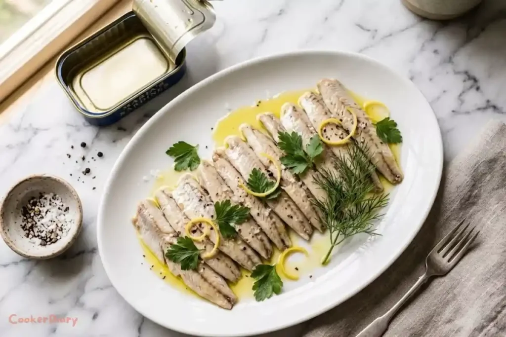 canned sardine fillets with fresh herbs and olive oil