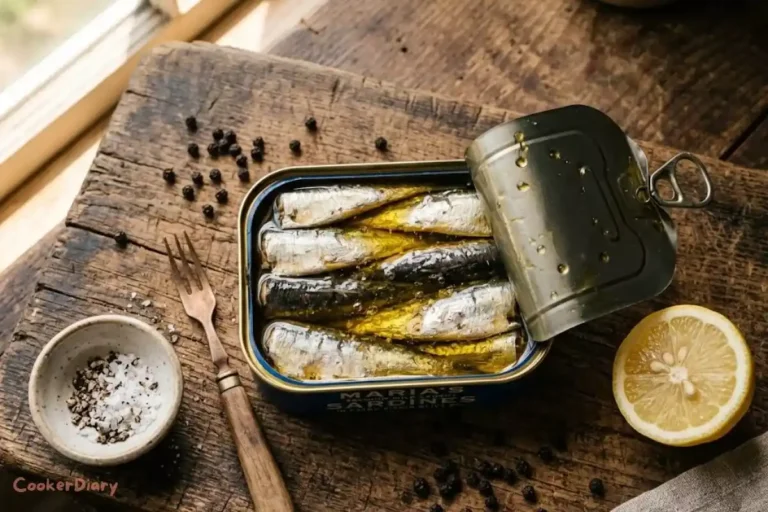 canned sardines in olive oil open tin on wooden board