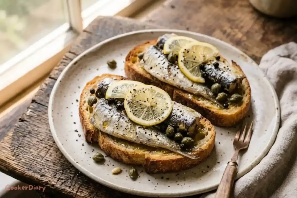 canned sardines on sourdough toast with lemon and capers