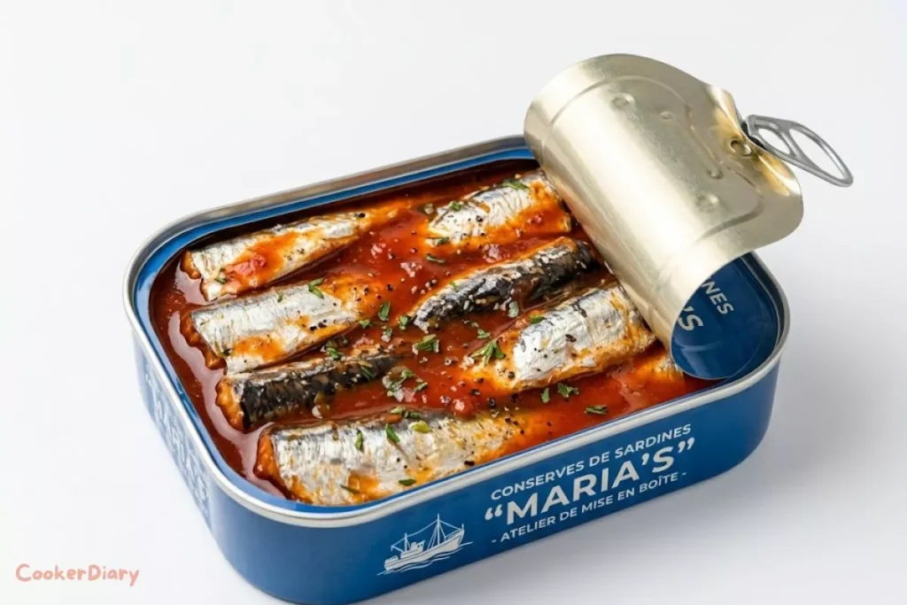 sardines in tomato sauce tin opened on white background