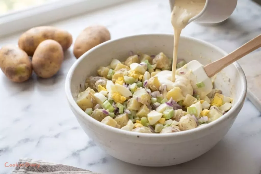 Folding dressing into potato salad mixture