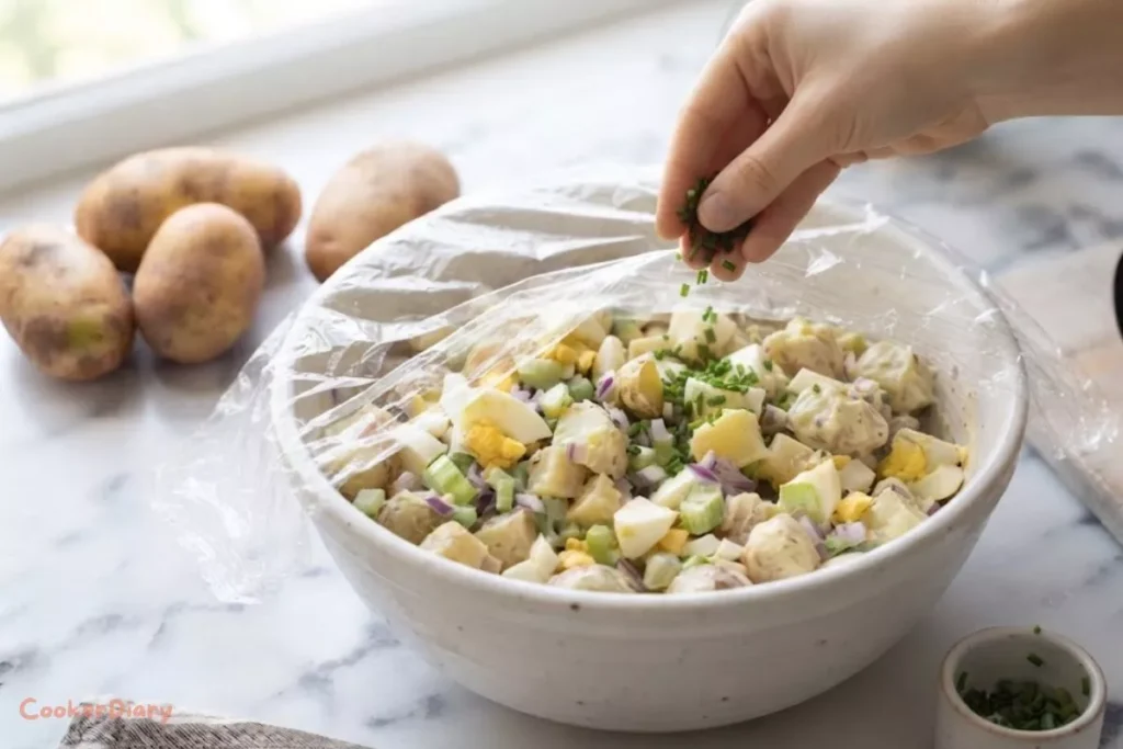Garnishing chilled potato salad with fresh chives