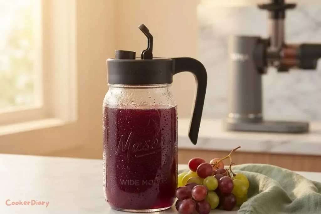 Fresh cold pressed grape juice in a glass jar surrounded by grapes on a marble countertop