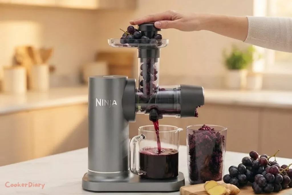 Cold press juicer extracting fresh grape juice into a glass jar