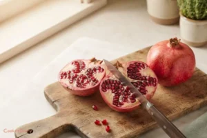 Cutting organic pomegranates in half for pom juice recipe
