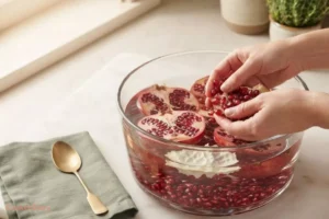 Deseeding pomegranate in water bowl for organic pom juice recipe