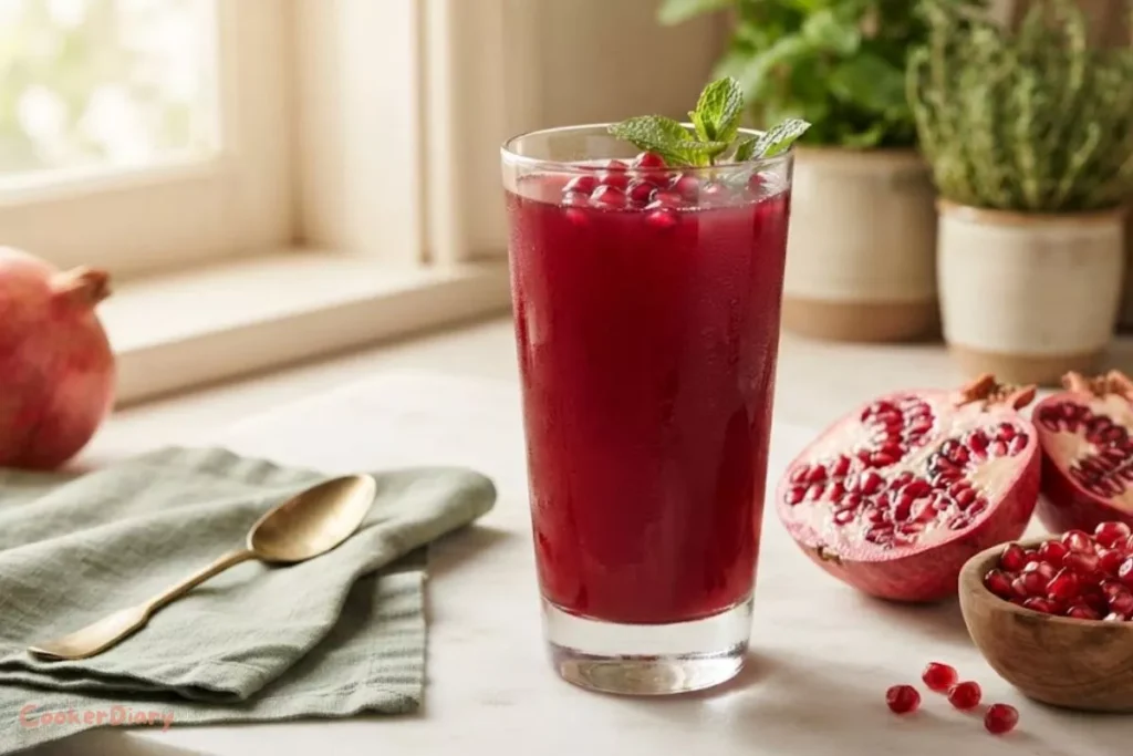 Glass of fresh organic pom juice recipe with pomegranate seeds on marble countertop