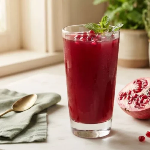 Glass of fresh organic pom juice recipe with pomegranate seeds on marble countertop