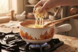 Adding grated cheese into warm wine for fondue