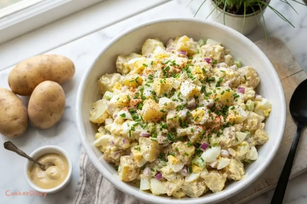 Best Potato Salad Recipe in a white ceramic bowl with chives
