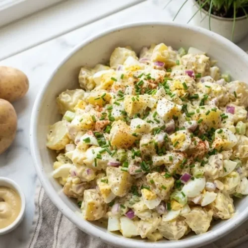 Best Potato Salad Recipe in a white ceramic bowl with chives