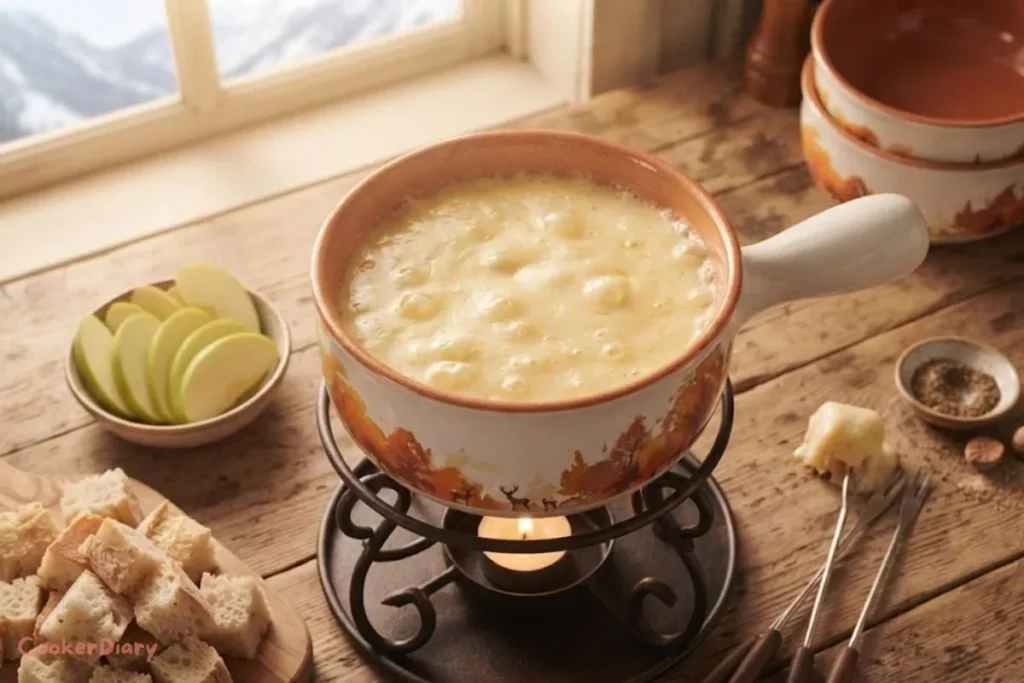 Finished Swiss cheese fondue served with bread and apples