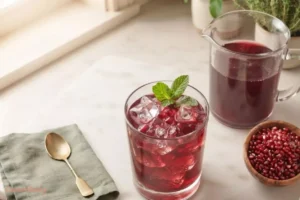 Serving glass of homemade organic pom juice recipe with ice