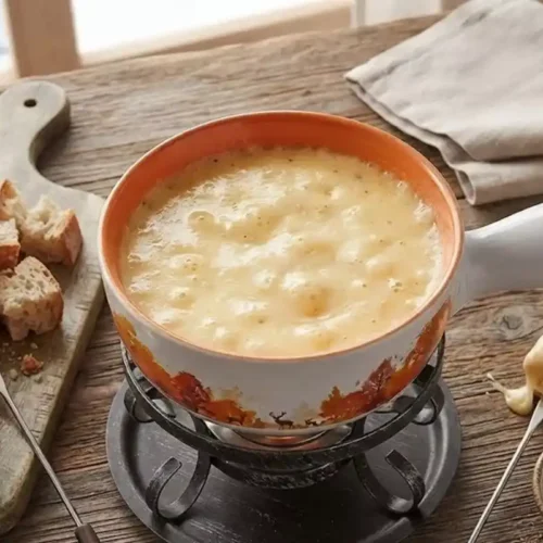 Top-down view of creamy Swiss cheese fondue in a ceramic pot with bread cubes
